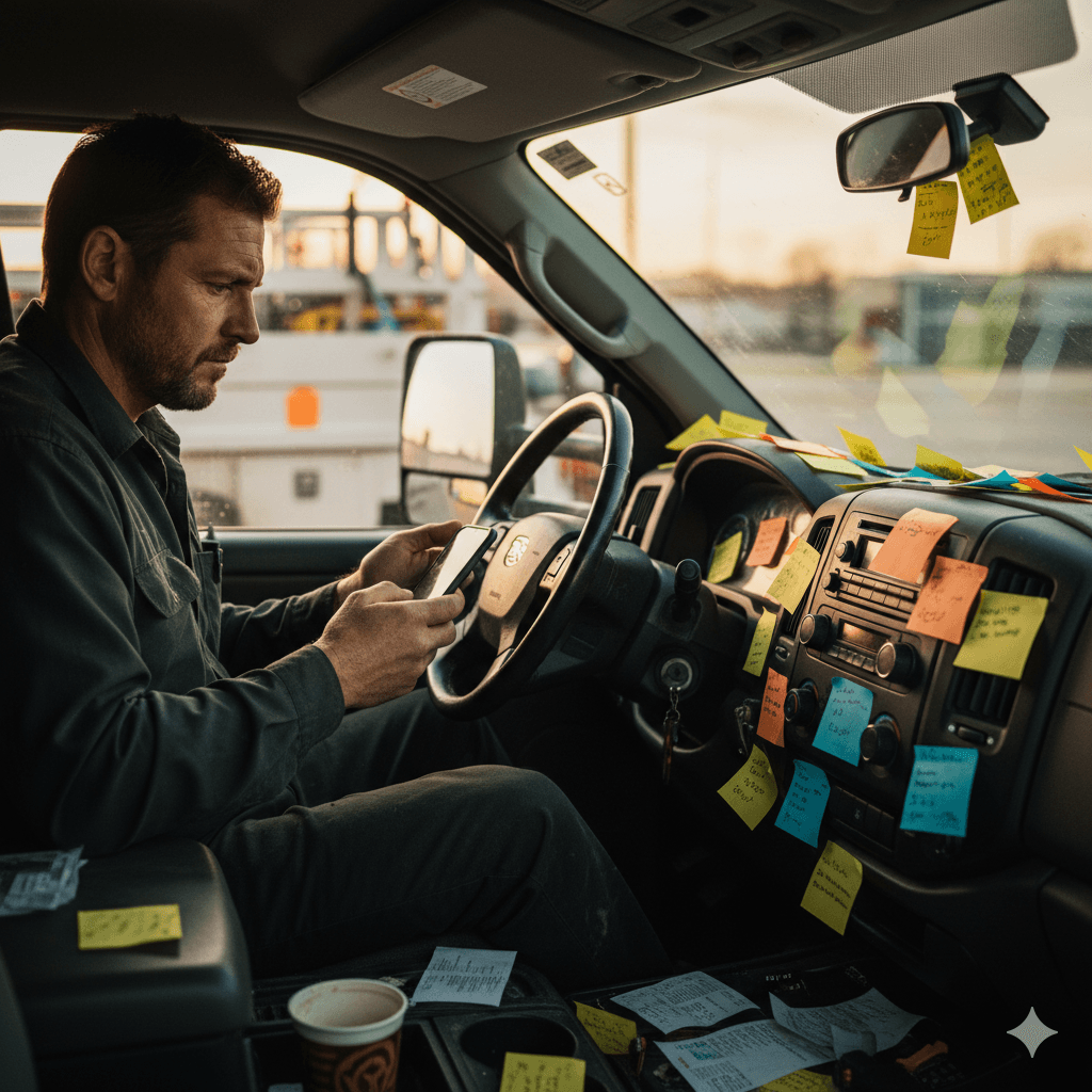 Owner-operator in a work truck reviewing job information